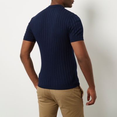 Navy ribbed chest stripe polo shirt